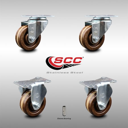 3 Inch SS High Temp Phenolic Swivel Top Plate Caster Set With 2 Rigid SCC